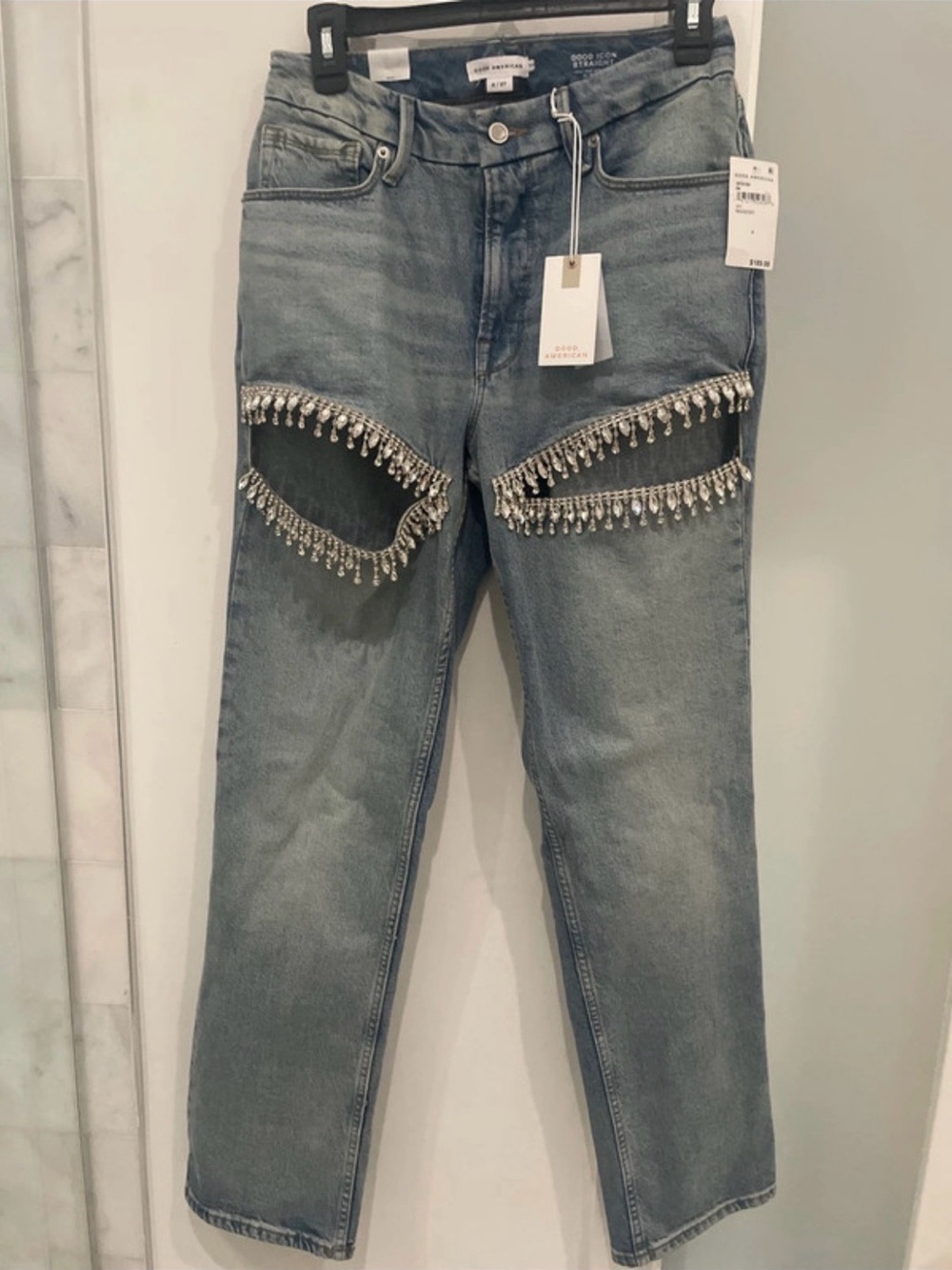 Good American Indigo Straight Leg Jeans with Beaded Diamond Fringe Sz 4